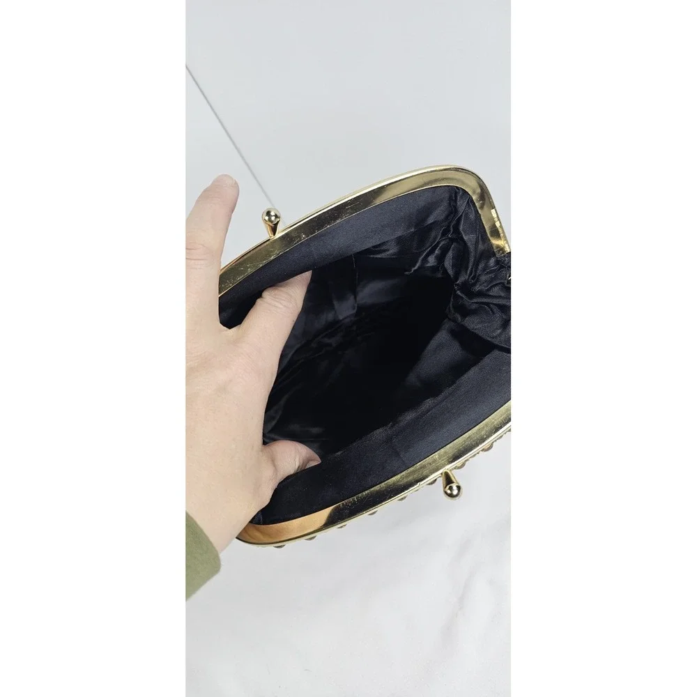 Vintage Satin Evening Clutch Purse Rhinestone Gold Frame Brown Formal Bag‎